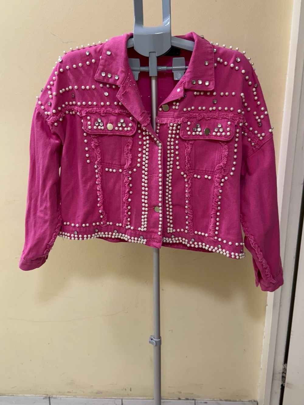 Studded Pink Denim Jacket - Women's Fashion Cropped